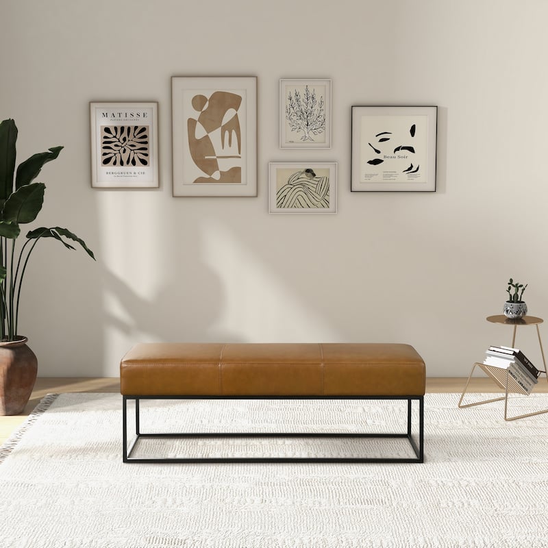 Vinta 48" Wide Mid Century Modern Tan Leather Bench with Metal Frame