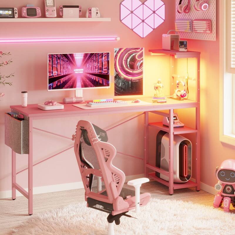 61" Gaming Desk Computer Desk with LED Lights Storage Shelves and Side Bag Home Office Desk
