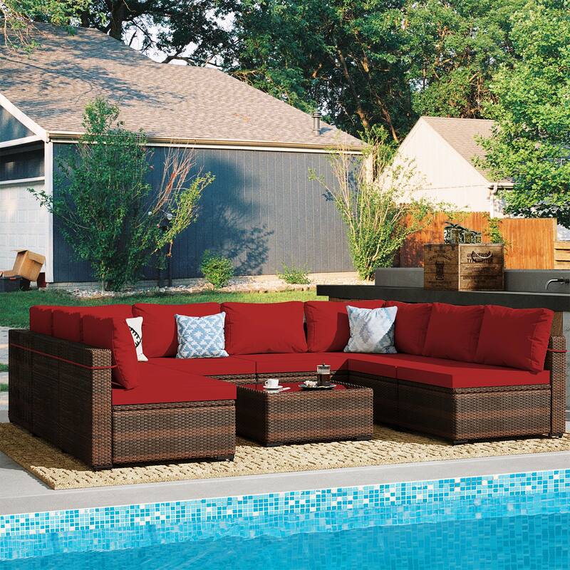 Patio Watcher Outdoor 8 Seater Rattan Sectional Set with Cusions and Coffe Table - Cherry Red