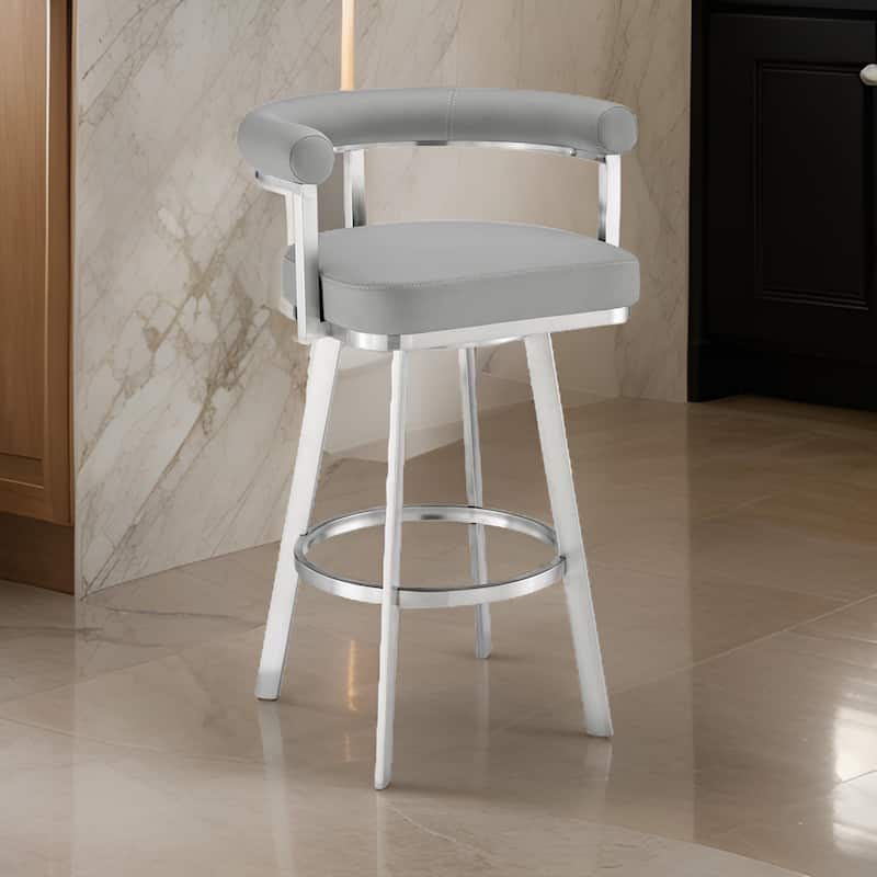 Weni 26 Inch Swivel Counter Stool, Barrel Open Back, Light Gray, Chrome
