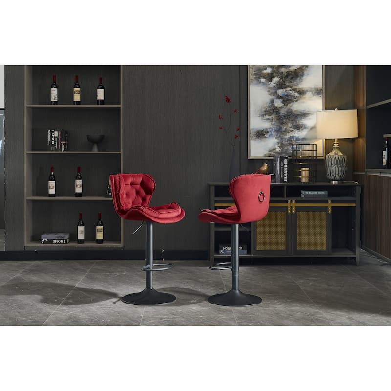 Set of 2 Adjustable Swivel Bar Stools, Red Velvet with Powder-Coated Footrest & Legs