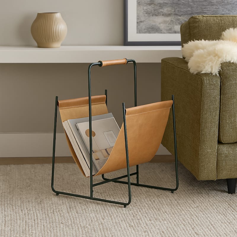 Faron Magazine File Rack with Handles, Black Metal, Brown Leather