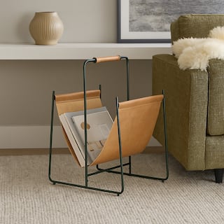 Faron Magazine File Rack with Handles, Black Metal, Brown Leather