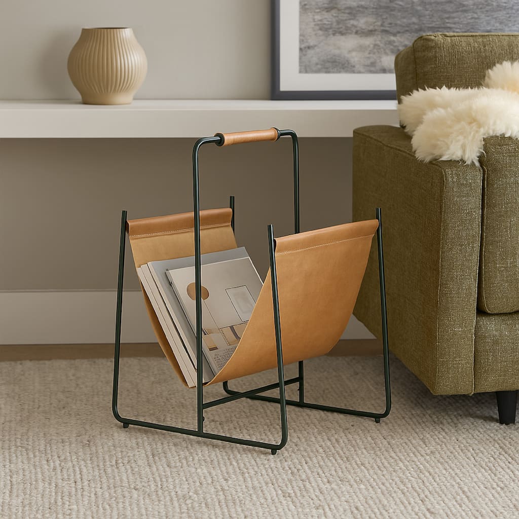 Faron Magazine File Rack with Handles, Black Metal, Brown Leather