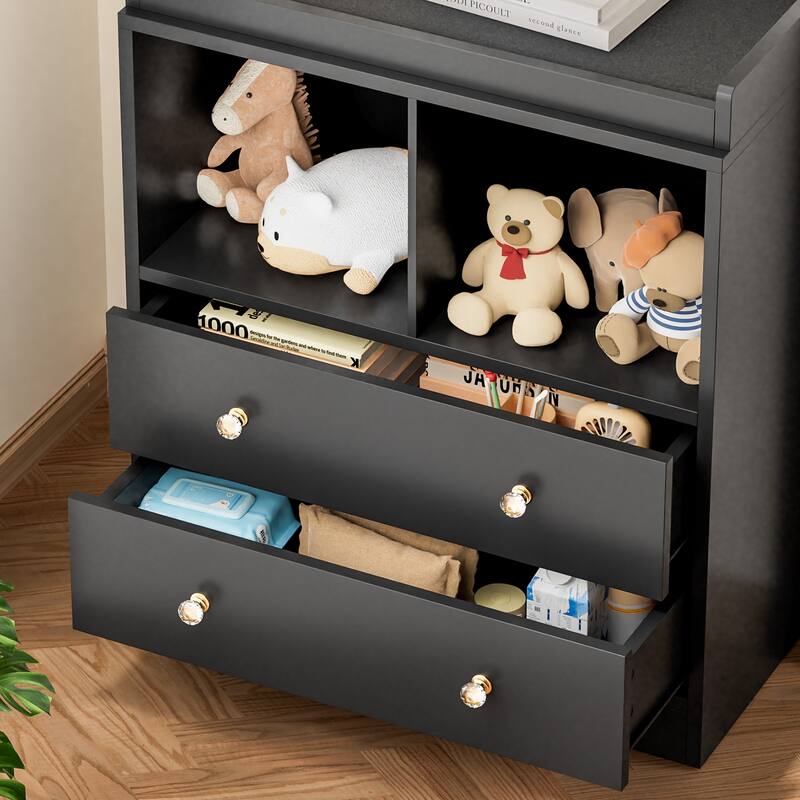 Changing Table With Pad, Modern Changing Station With 2 Drawers and 2 Open Compartments