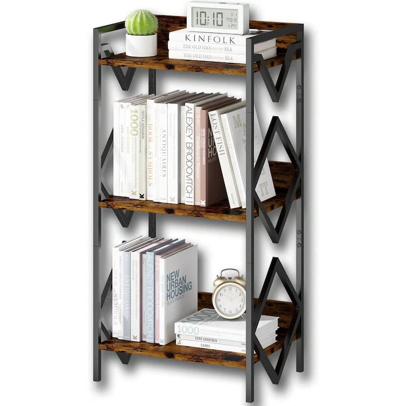 3 Tier Small Black Bookcase Wood and Steel Storage Shelf Space Saving Display Rack for Living Room Bedroom Office