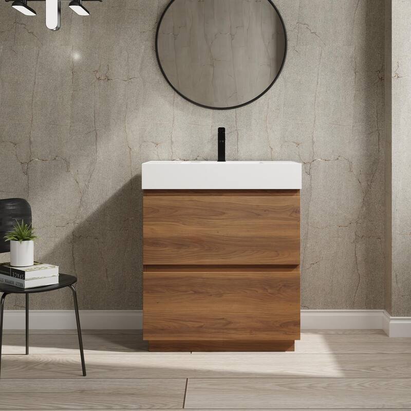 BNK 24/30 inch Freestanding Single Sink Bathroom Vanity with 2 Soft Close Drawers - 30''W - Brown