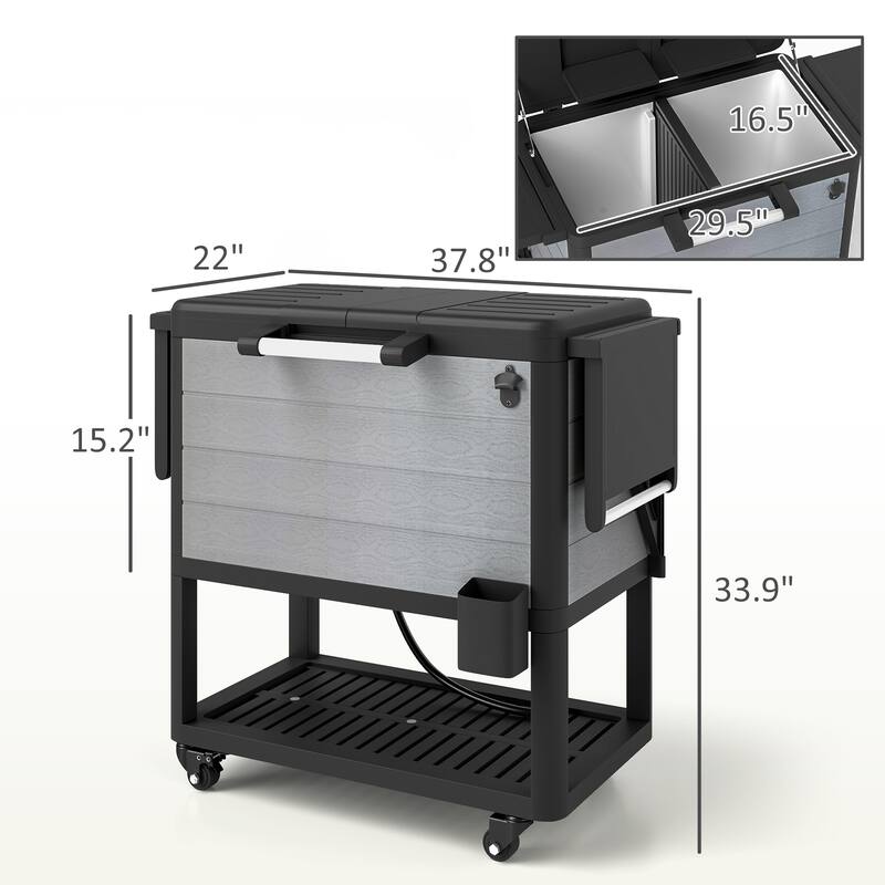 Patio Cooler Cart with Swivel Casters, Folding Lid, Bottle Opener, Towel Rack, Foldable Side Tables - 37" L x 22" W x 33.9" H