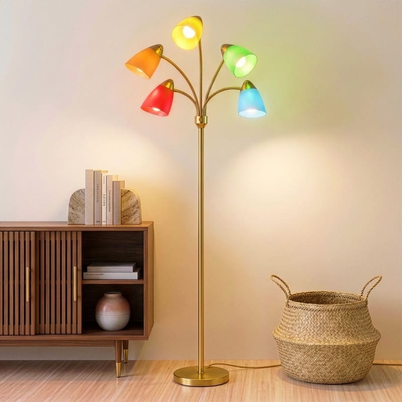 Brightech Medusa 74 in. Antique Brass Modern 5-Light Height Adjustable Gooseneck LED Floor Lamp with 5 Multicolored Cone Shades