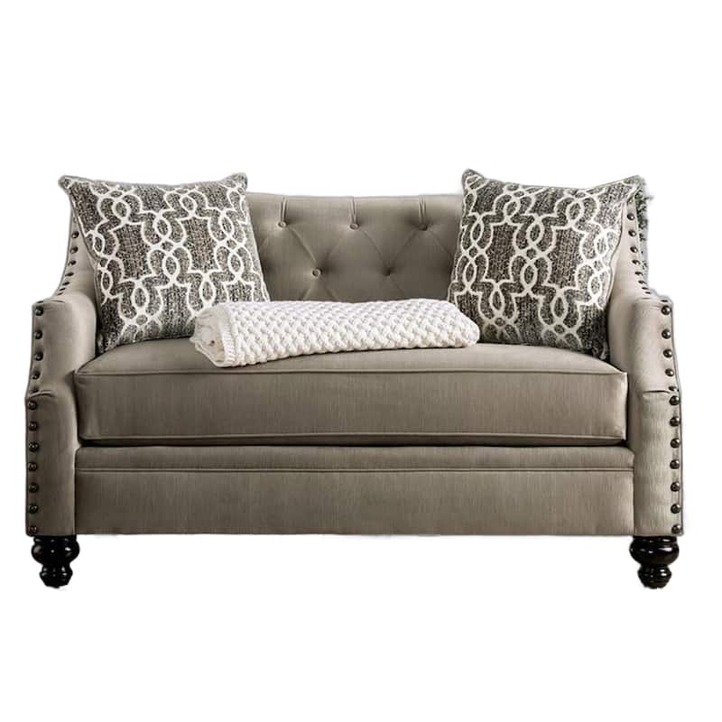 Erin Sofa Loveseat Set, 6 Large Pillows, Brown Small Weave Chenille