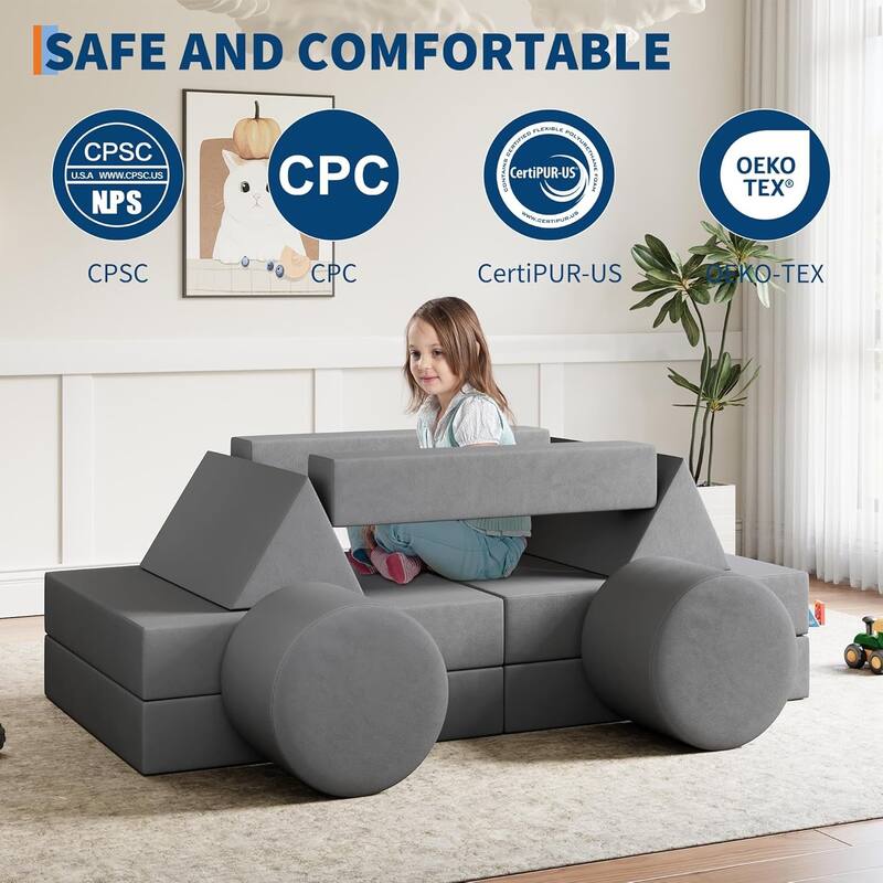 Kids Modular Play Couch, 13 Pcs Toddler Couch With Washable Velvet Covers