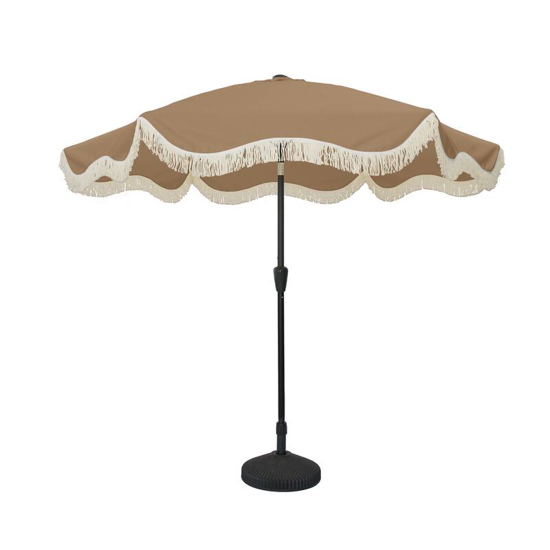 Clihome 9 Ft. Bohemian Fringed Patio Market Umbrella - Brown With C-base