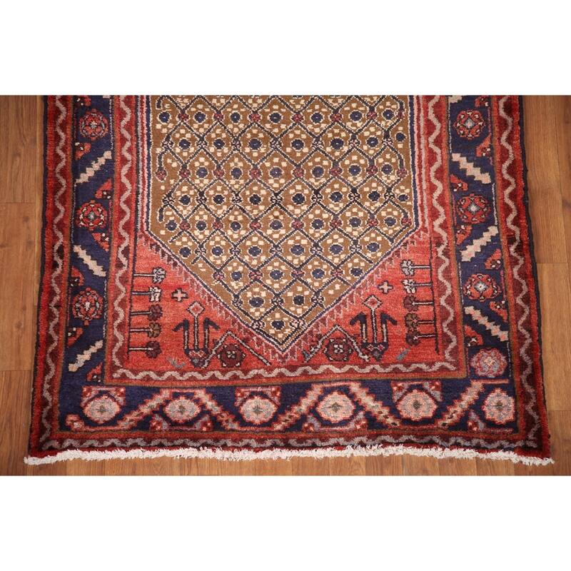 Hand Knotted Oriental 100% Wool Carpet Traditional Geometric Brown Koliaei Runner Rug - 9' 4'' X 3' 9''