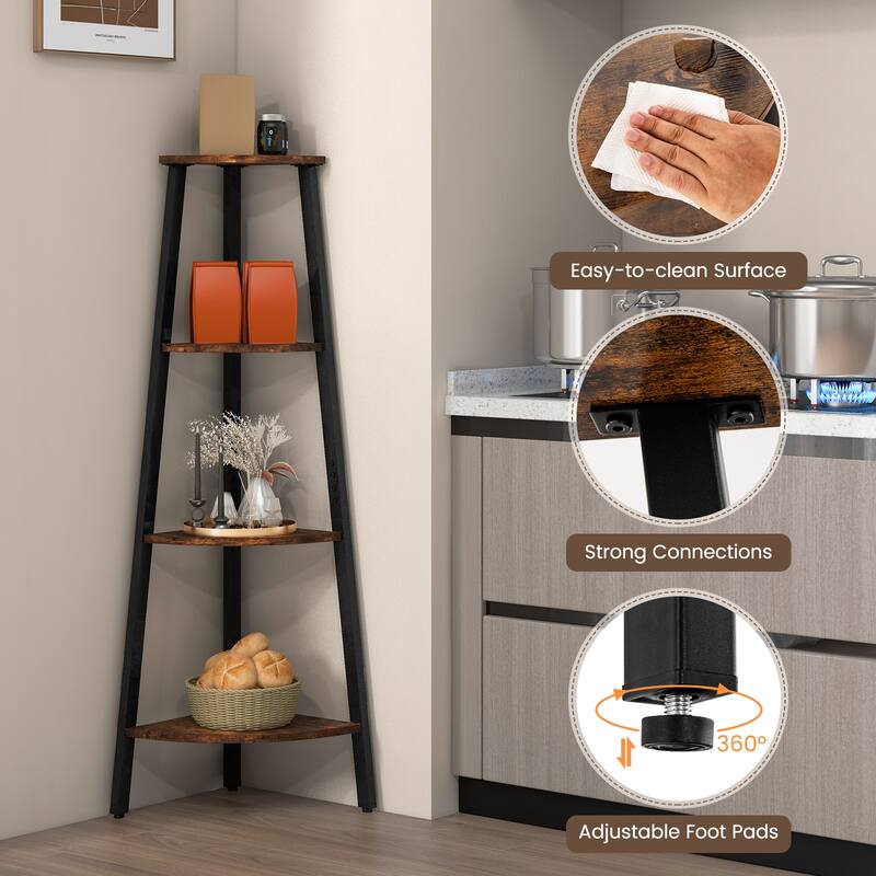 Compact 4-Tier Corner Shelf Storage Rack with Metal Frame for Home - 13.5" x 13.5" x 49" (L x W x H)