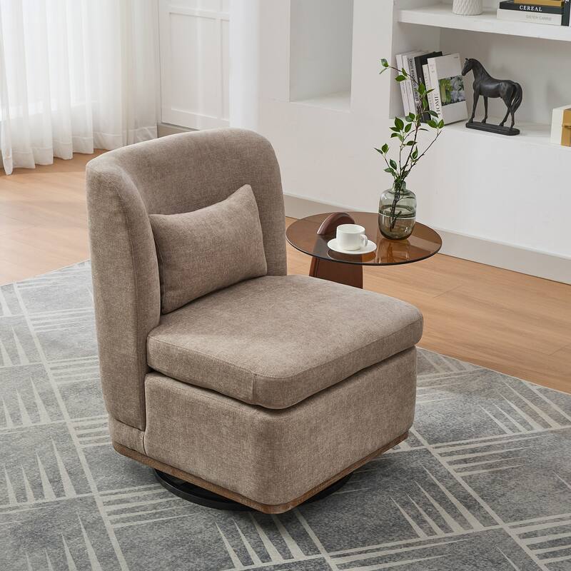 25.2 "Wide Modern Chenille Cushioned Armless Metal Base 360° Swivel Chair with Pillow, Lounge Area - Taupe