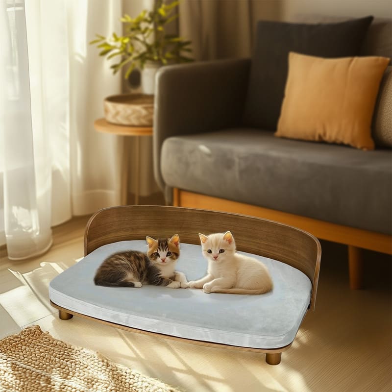 Elevated Dog Bed Curved Wood with Waterproof Soft Cozy Cushion Stool