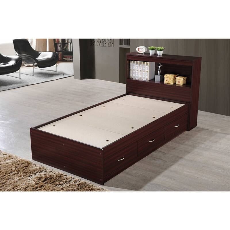 Twin Captain Storage Bed with 3 Drawers and Headboard, Mahogany Finish, Modern Space-Saving Design