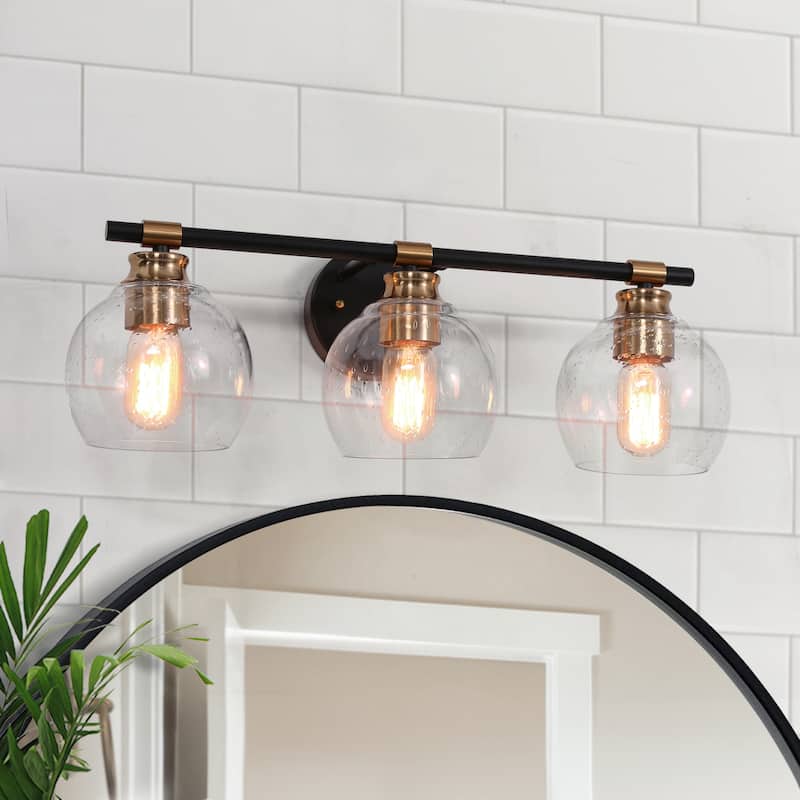 Modern 2/3-Light Black Gold Bathroom Vanity Light Dimmable Globe Seeded Glass Wall Sconces - 22" L