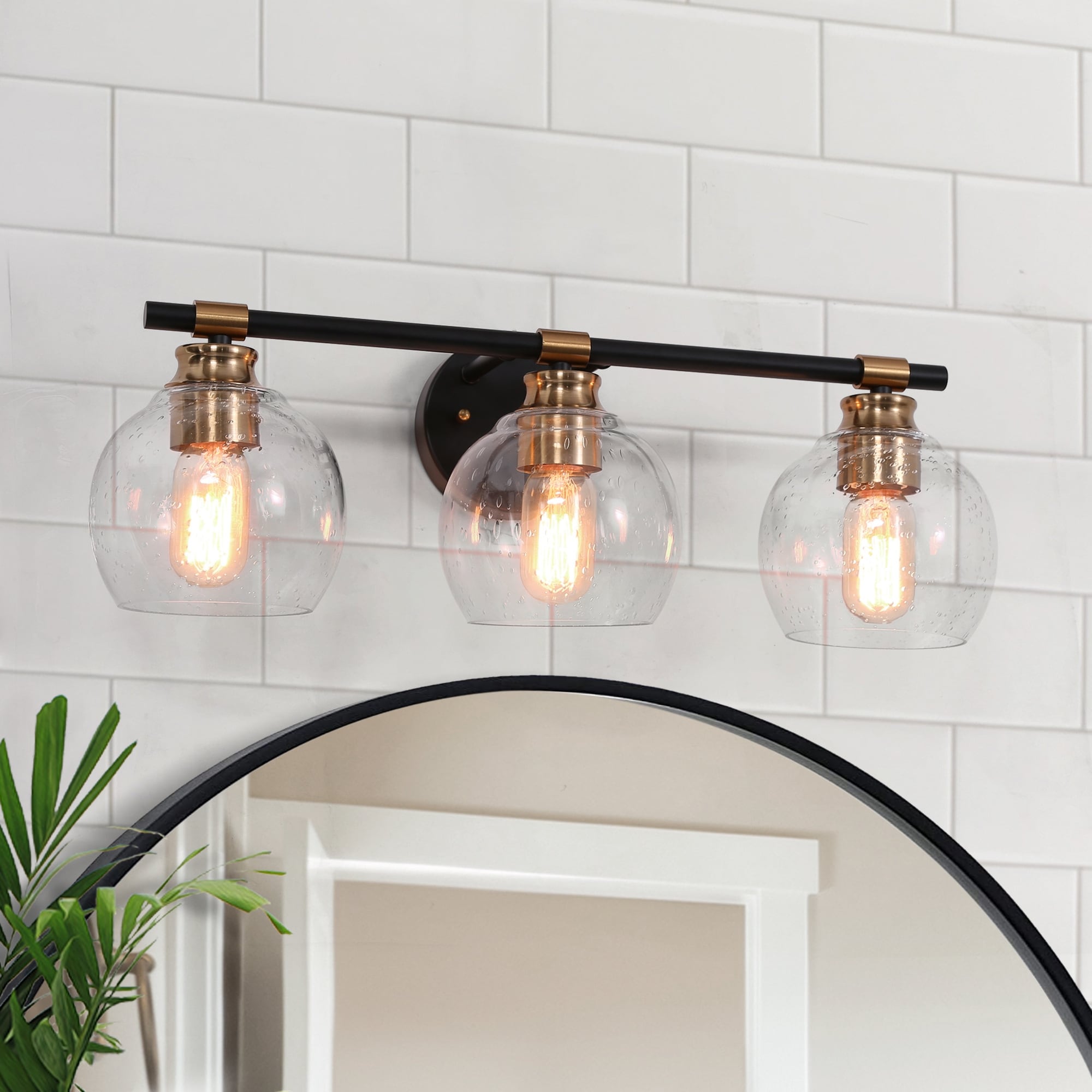 Modern 2/3-Light Black Gold Bathroom Vanity Light Dimmable Globe Seeded Glass Wall Sconces