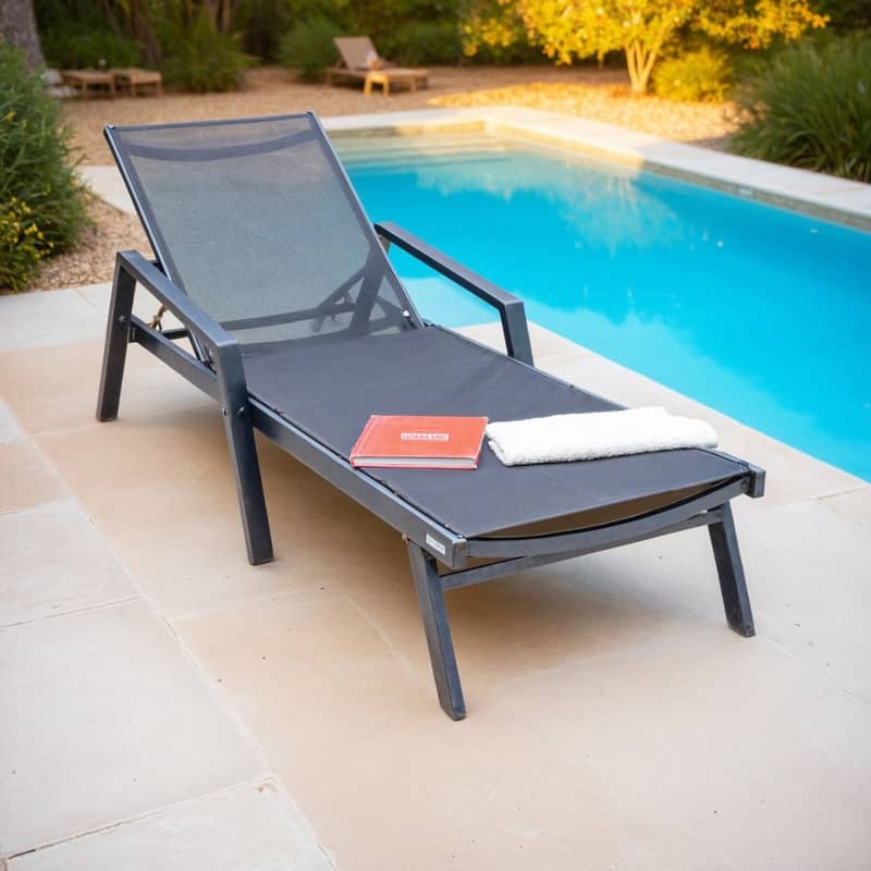 Marlin Outdoor Sun Chaise Lounge Chair with Arms - Stackable Mesh Recliner for Pool, Beach, Patio, Garden, Deck or Backyard
