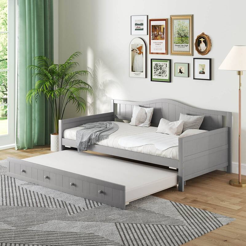 Costway Twin Size Daybed with Trundle Solid Wood Sofa Bed with Slats - Grey