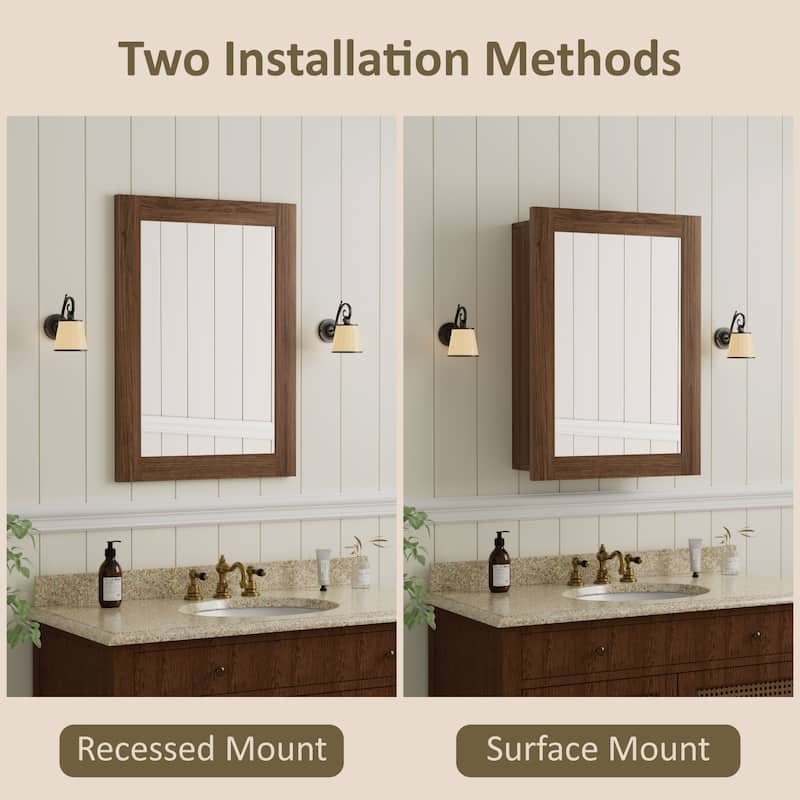 Wood Medicine Cabinet with Mirror, Adjustable Shelves, Walnut, Recessed/Wall Mount