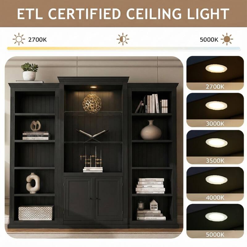 78.75" Tall 3-Piece Bookcase with Adjustable LED Light, Tempered Glass Shelves for Living & Office