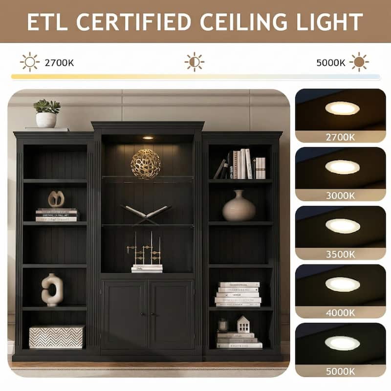 78.75"Tall 3-Pieces Bookcase,Display Cabinet With 5 Colors Adjustable Led Ceiling Light,Bookshelves With Tempered Glass Shelves