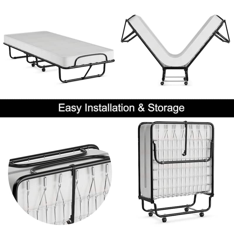 Gymax Rollaway Folding Metal Bed Memory Foam Mattress Cot Guest Made - 31'' x 75''