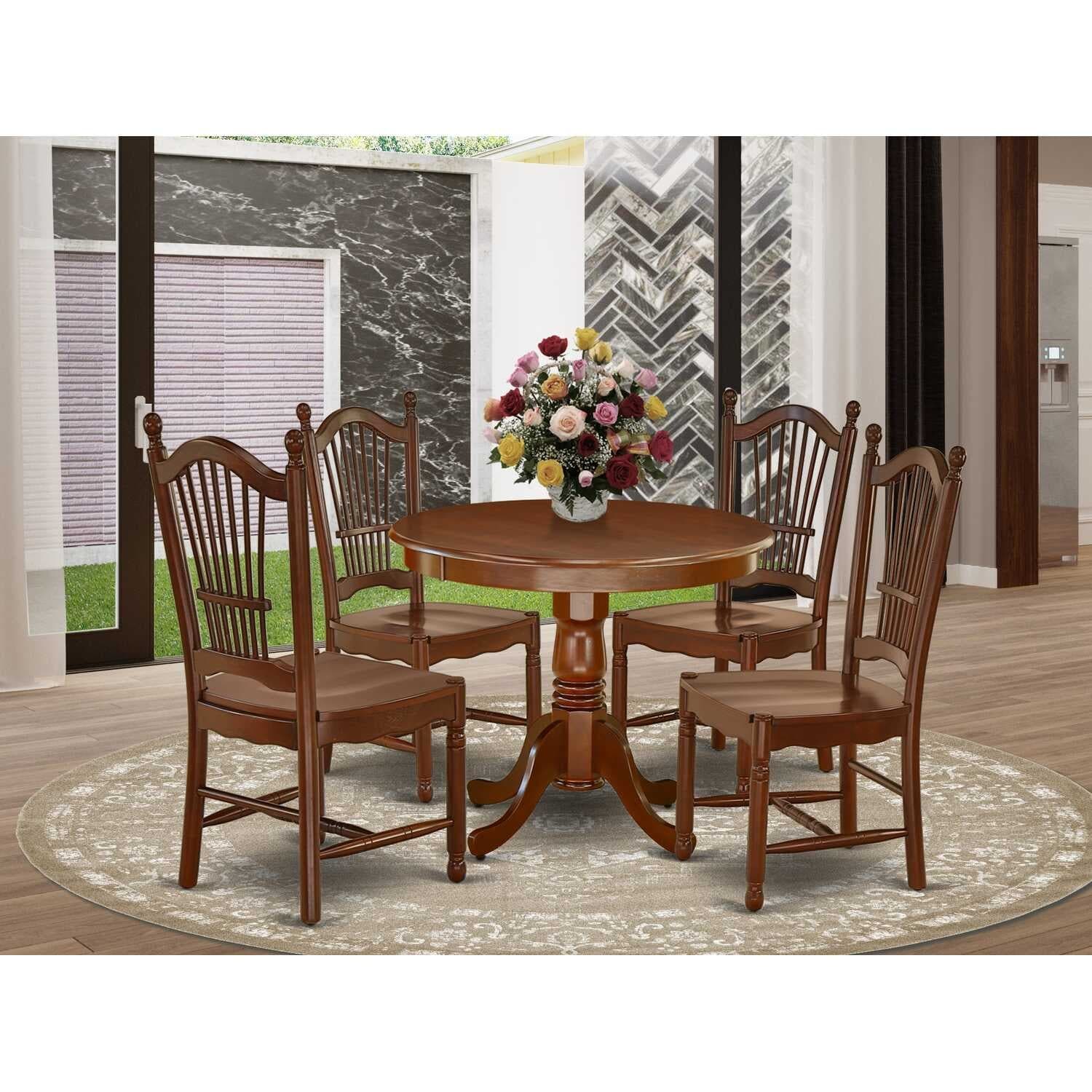 HomeStock 5-Piece Round Mahogany Finish Solid Wood Top Dining table with 4-Chairs