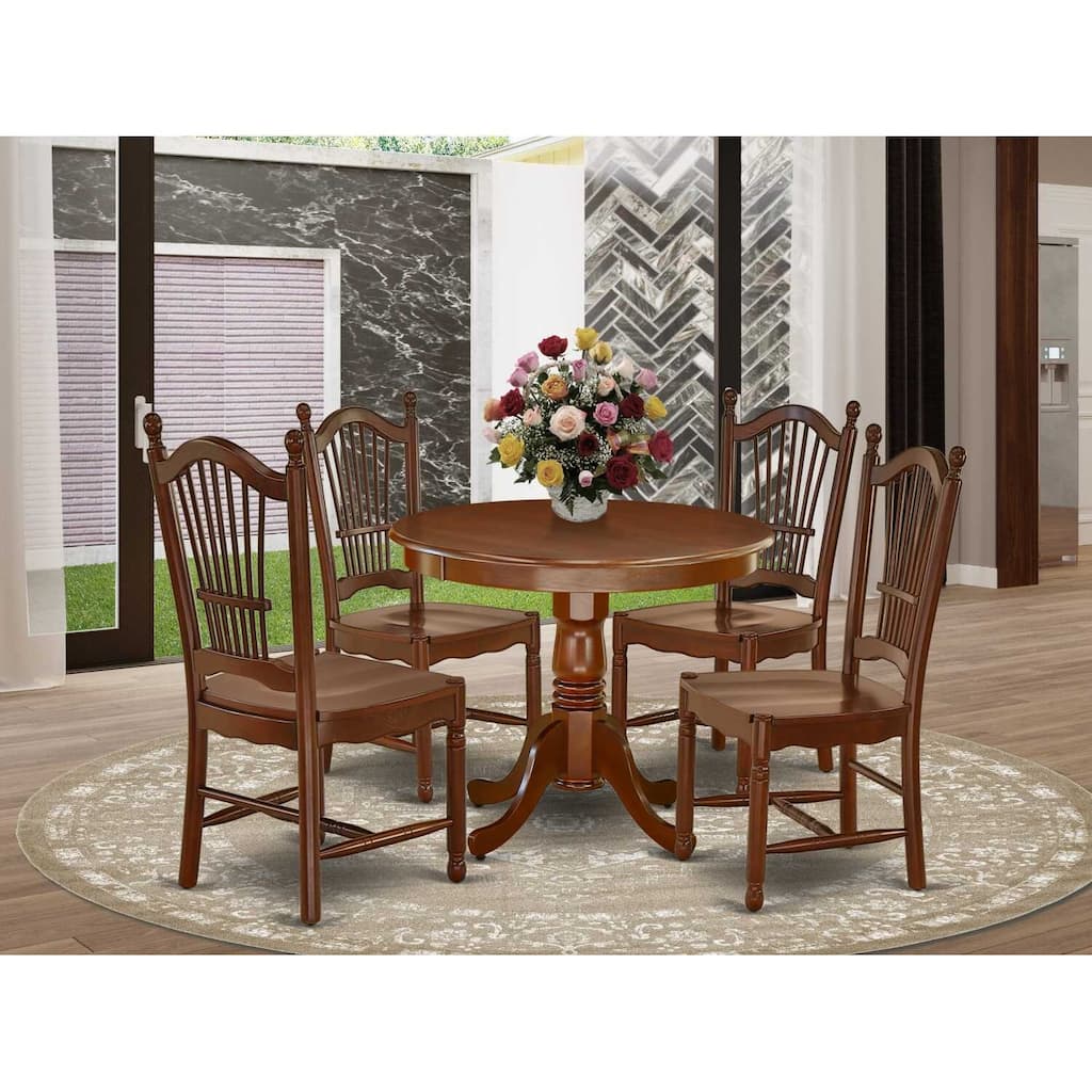 HomeStock 5-Piece Round Mahogany Finish Solid Wood Top Dining table with 4-Chairs with Lattice Back