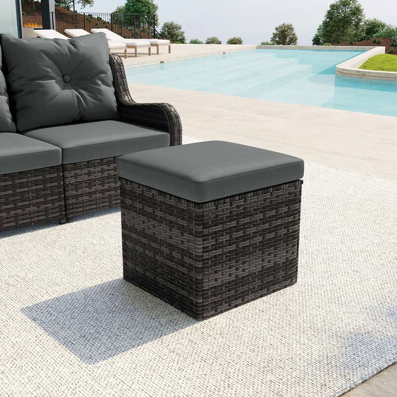 Outdoor 17.7" W Square Rattan Ottoman Patio Ottoman with Seat Cushion