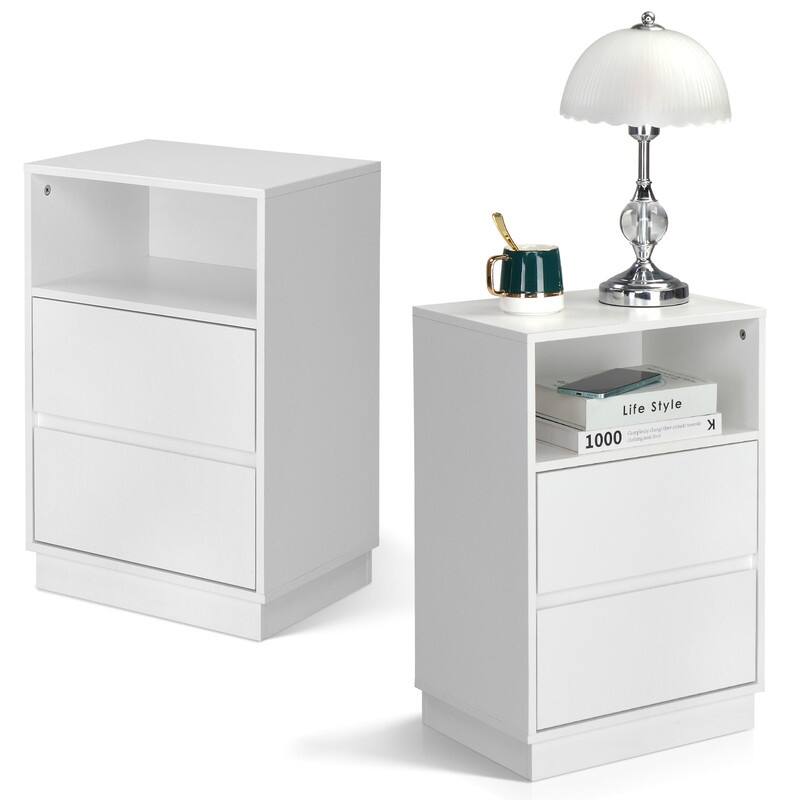 15.7" White Nightstand, P2 Particleboard, Matte Melamine, Beveled Drawer, 2 Drawers