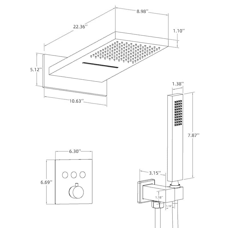 Modland Luxury Thermostatic 3-Way Complete Rain and Waterfall Shower System with Adjustable Handheld