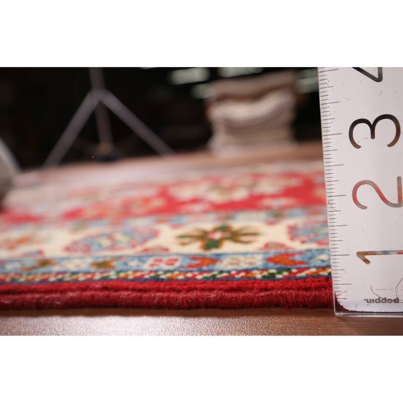 Geometric Kazak Foyer Rug Hand-Knotted Red Wool Carpet - 2'8" x 3'11"