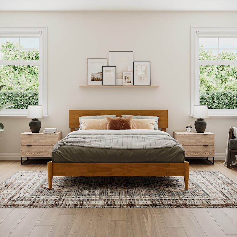 Modern Platform Bed - Low Profile Wood Bed Frame with USB Charger & Adjustable Headboard