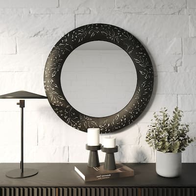 Verdant Bloom Floral Wood Farmhouse Wall Mirror - 31.5"H x 31.5"W x 2"D