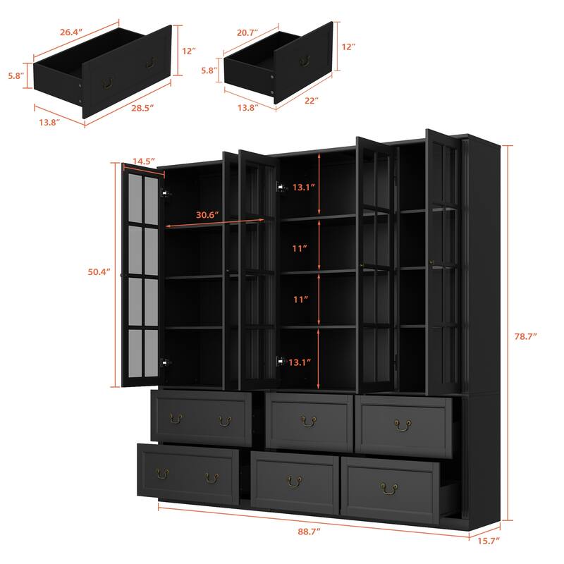 78.7" Combo Buffet Bookcase Storage Cabinet Glass Bookshelf Display