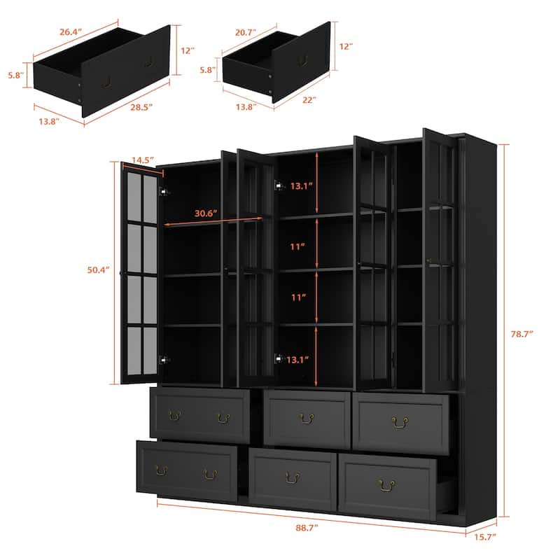 78.7"H Combo Glass Doors Display Cabinet Wooden Bookshelf Organizer