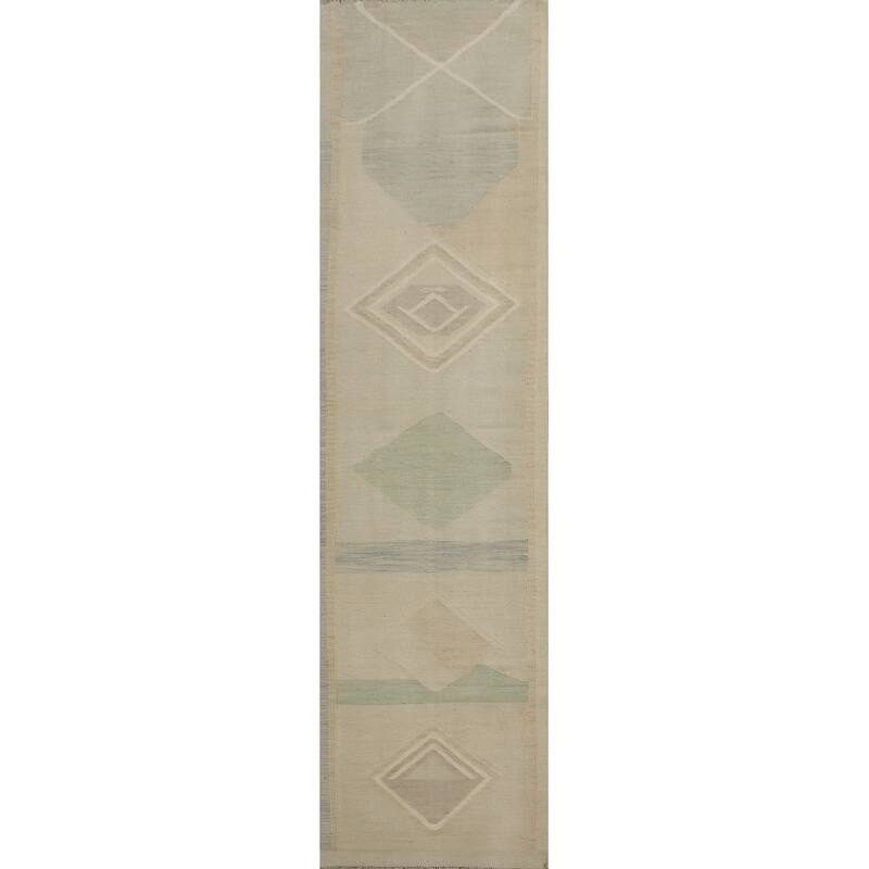 Hand Woven Oriental 100% Wool Carpet Southwestern Tribal Beige & Ivories Kilim Runner Rug - 12' 0'' X 2' 7''