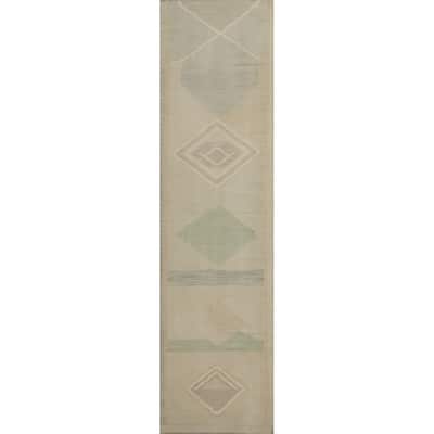 Hand Woven Oriental 100% Wool Carpet Southwestern Tribal Beige & Ivories Kilim Runner Rug - 12' 0'' X 2' 7''