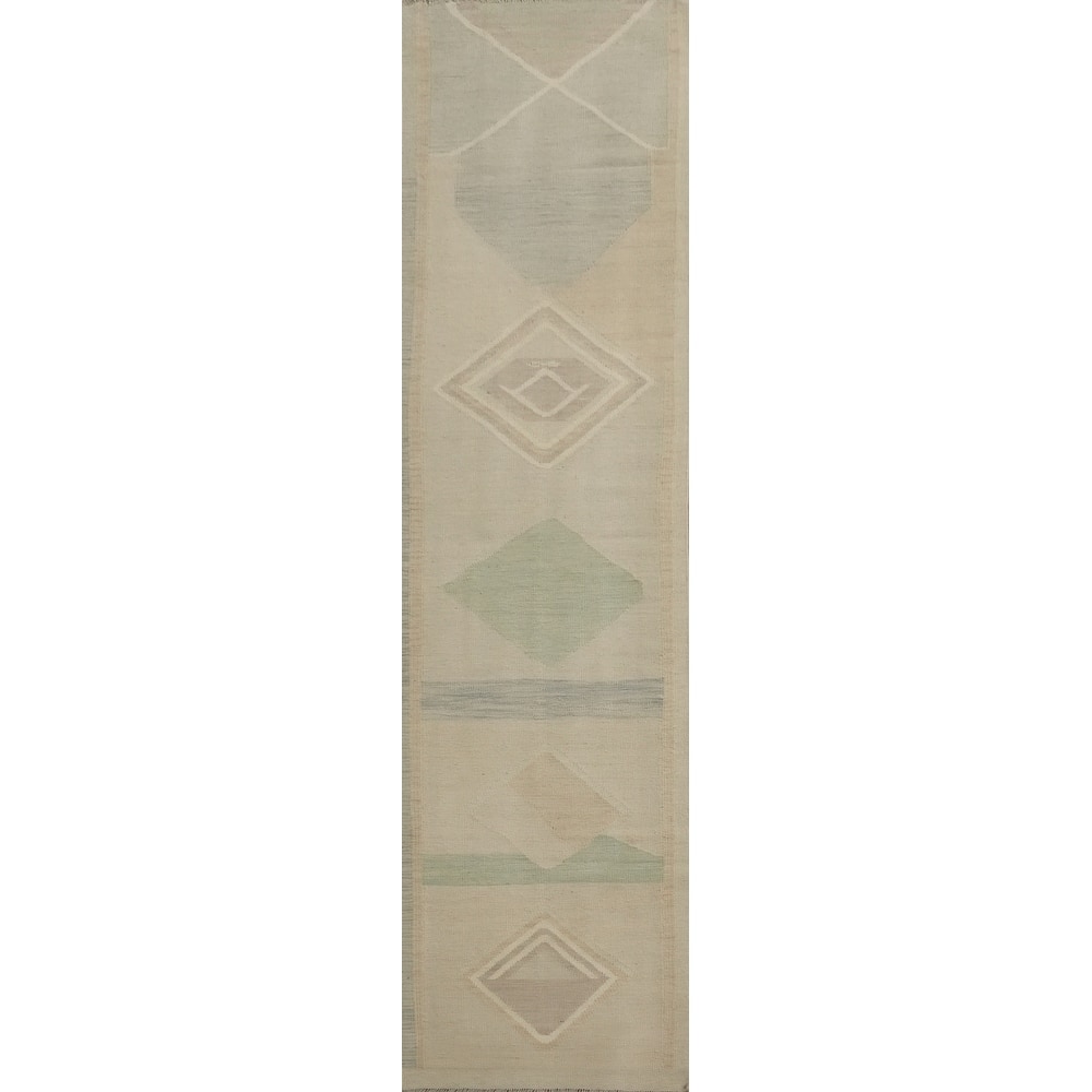 Hand Woven Oriental 100% Wool Carpet Southwestern Tribal Beige & Ivories Kilim Runner Rug - 12' 0'' X 2' 7''