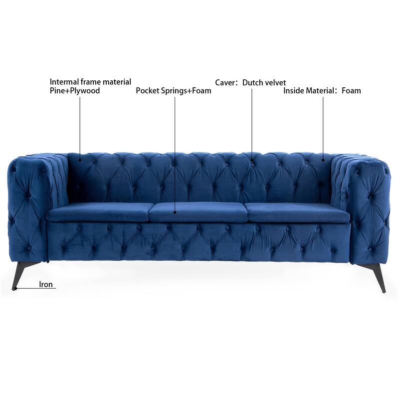 Stylish 3-Seat Sofa with Pocket Spring Cushions & Diagonal Iron Legs - Contemporary Couch