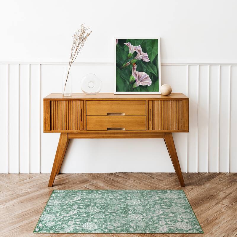 My Magic Carpet Kalini Floral Green Machine Washable Rug
