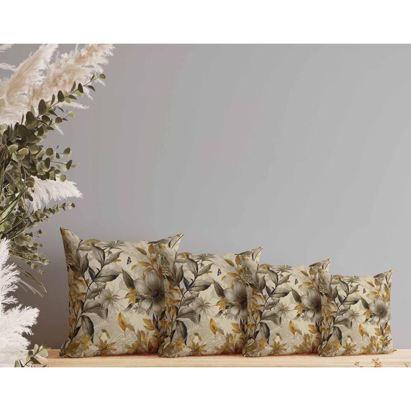 Exquisite Floral Breeze Indoor/Outdoor Reversible Throw Pillow Gold and Vanilla