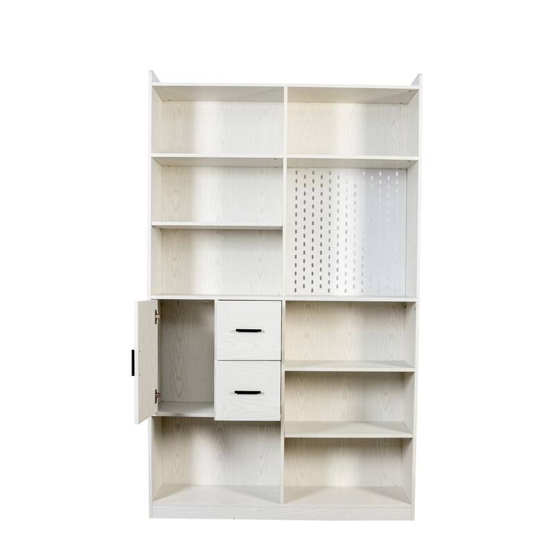 Modern Bookshelf w/ Pegboard and Drawers, 9-Cubby Bookcase Display Shelves, Storage Shelving Unit for Living Room, Home Office