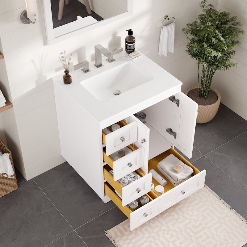 Eviva Acclaim Single Sink Bath Vanity with Carrara Quartz Top and Undermount Porcelain Sink