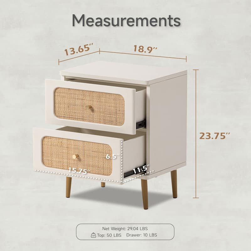 COZAYH Farmhouse Wicker Rattan Nightstand, Boho Mid-Century Coastal Wooden Bedside Table, Wooden Storage Cabinet