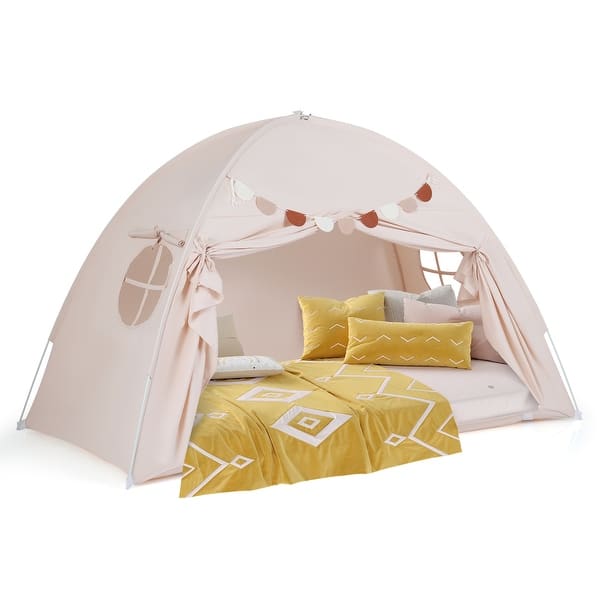 slide 2 of 30, Gymax Twin Full Size Bed Tent w/2 Windows Flags for Boys & Girls Aged Beige
