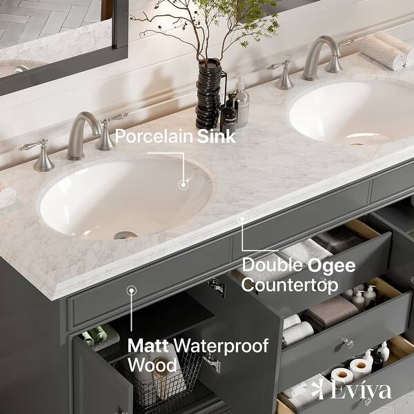 Elite Stamford 72 in. W x 24 in. D x 36 in. H Double Bath Vanity in Gray with White Carrara Marble Top White Sinks